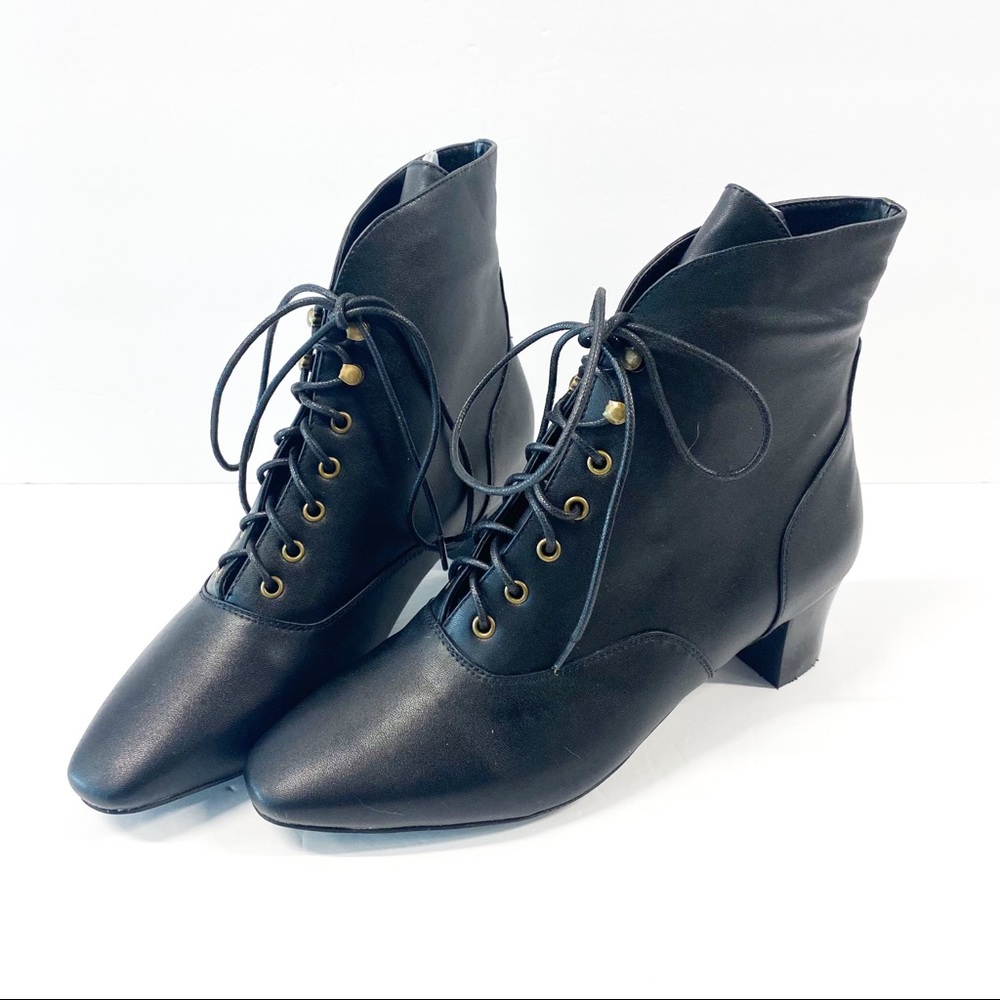 FSJ Witch Black Vintage Boots Block Heel Lace Up Ankle Boots for Halloween